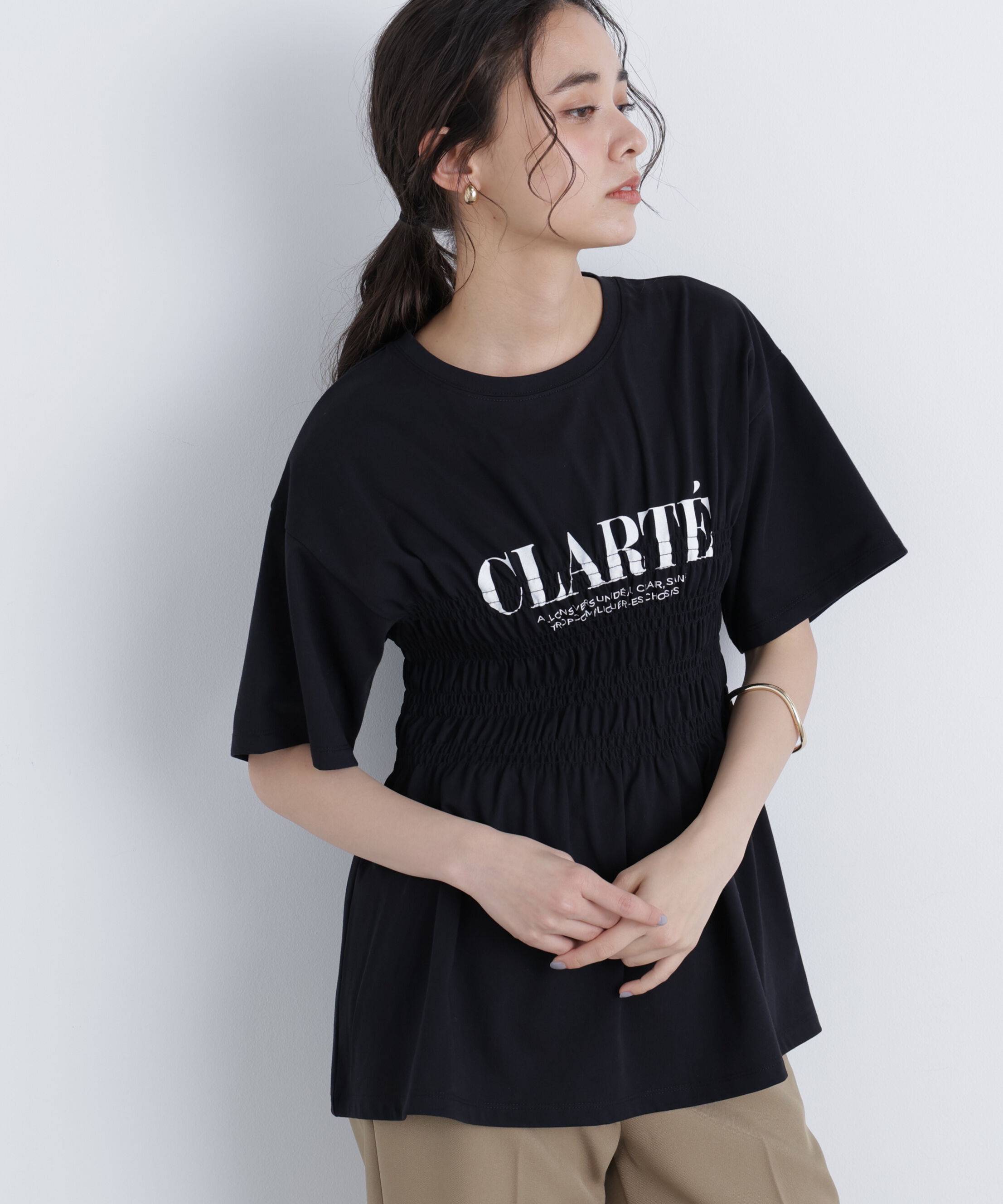  「シャーリングペプラムカットソー」|Tシャツ・カットソー|ブラック