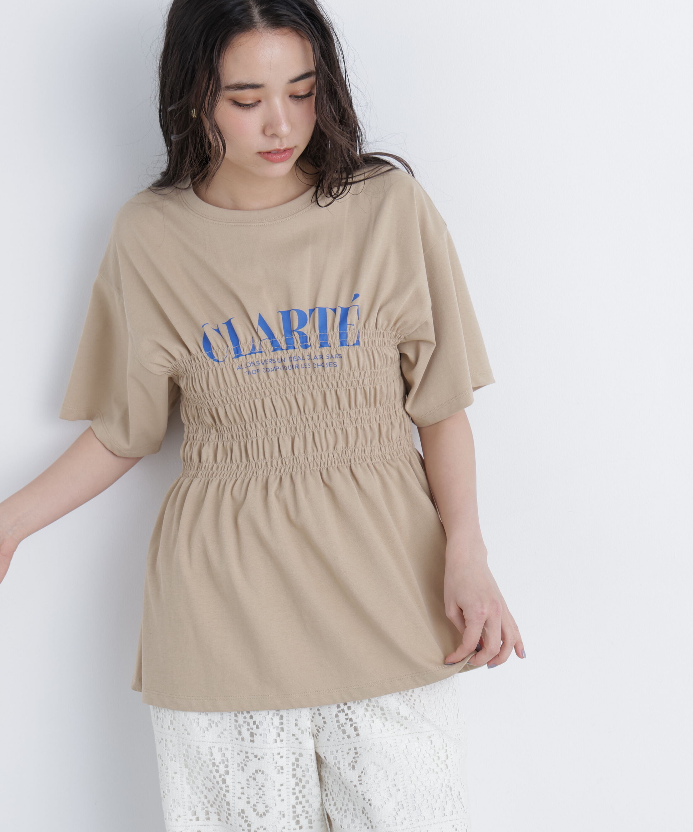  「シャーリングペプラムカットソー」|Tシャツ・カットソー|ベージュ