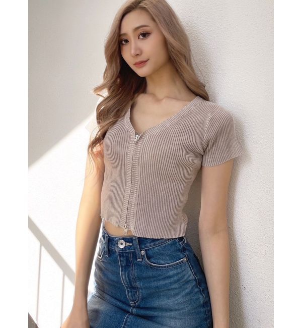GYDA「ハーフスリーブブリーチ Wファスナーリブニットトップス」|ニット・セーター|