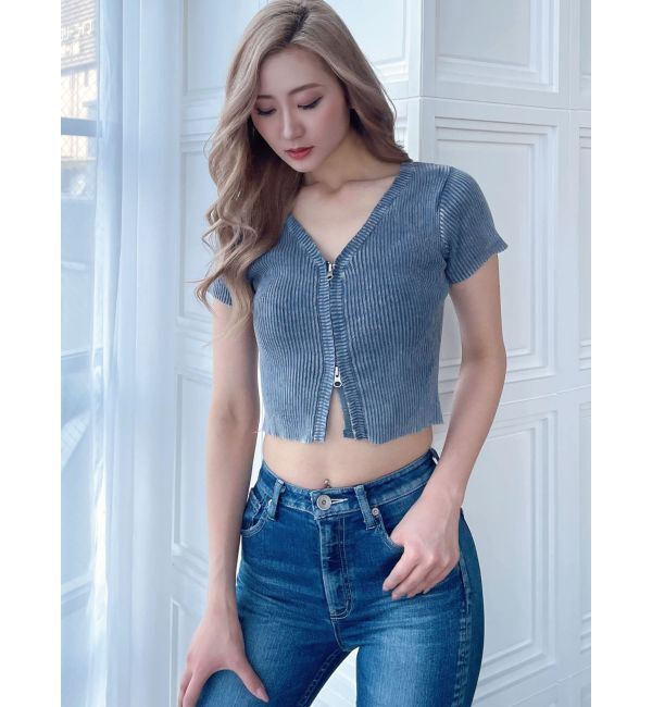 GYDA「ハーフスリーブブリーチ Wファスナーリブニットトップス」|ニット・セーター|