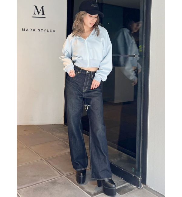 GYDA「ハイウエストSymmetryGYDA INNER RIPPEDワイドデニムパンツ」|デニム|