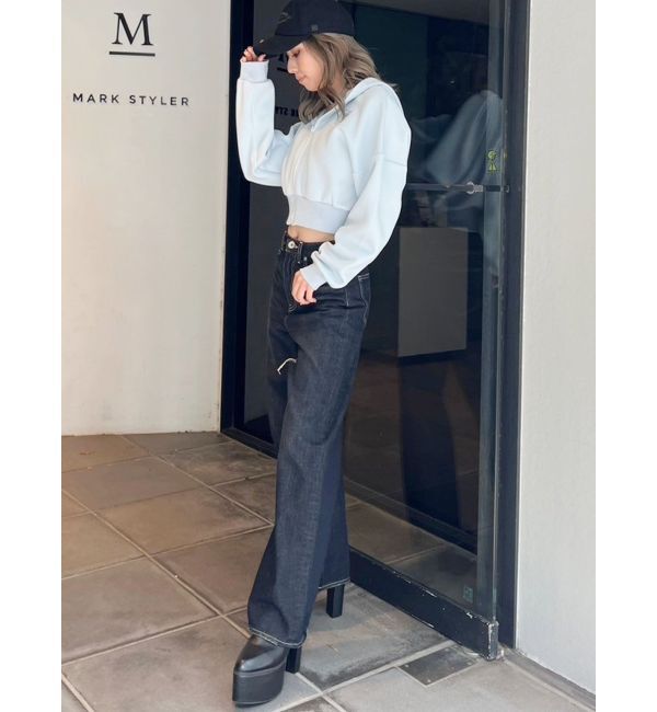 GYDA「ハイウエストSymmetryGYDA INNER RIPPEDワイドデニムパンツ」|デニム|