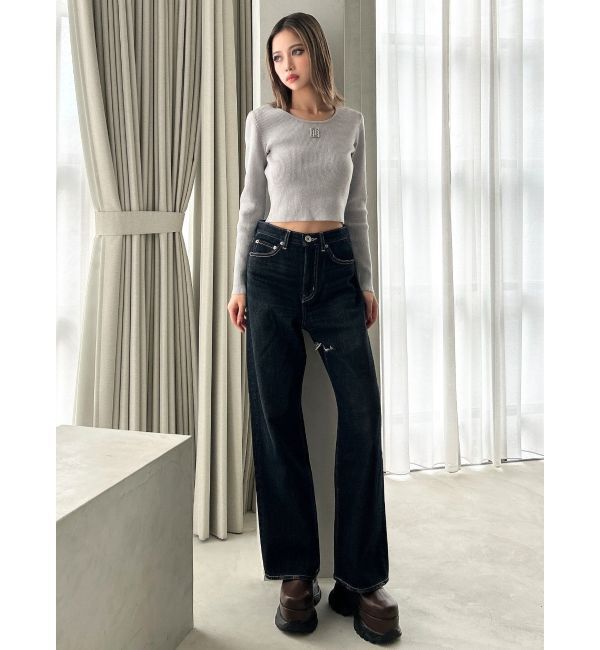 GYDA「ハイウエストSymmetryGYDA INNER RIPPEDワイドデニムパンツ」|デニム|