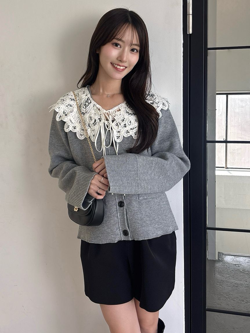 SNIDEL「バテンレースカラーニットカーディガン」|カーディガン|