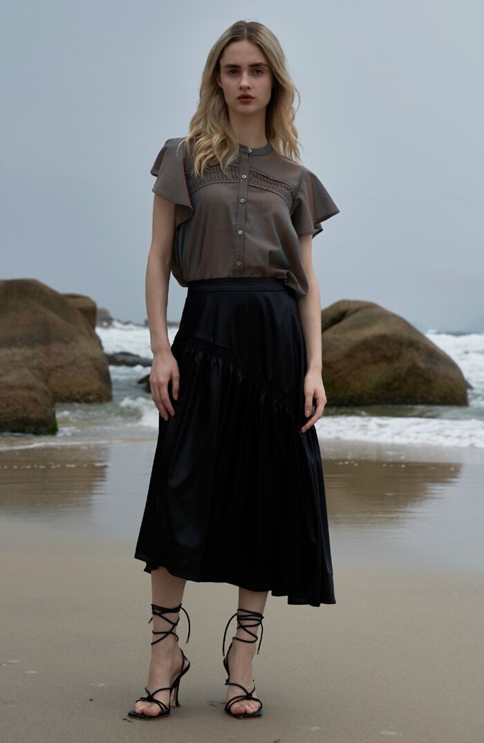 BACKYARD FAMILY「MIND レザーライクサテンギャザースカート 通販 スカート ギャザースカート ひざ丈スカート」|スカート|