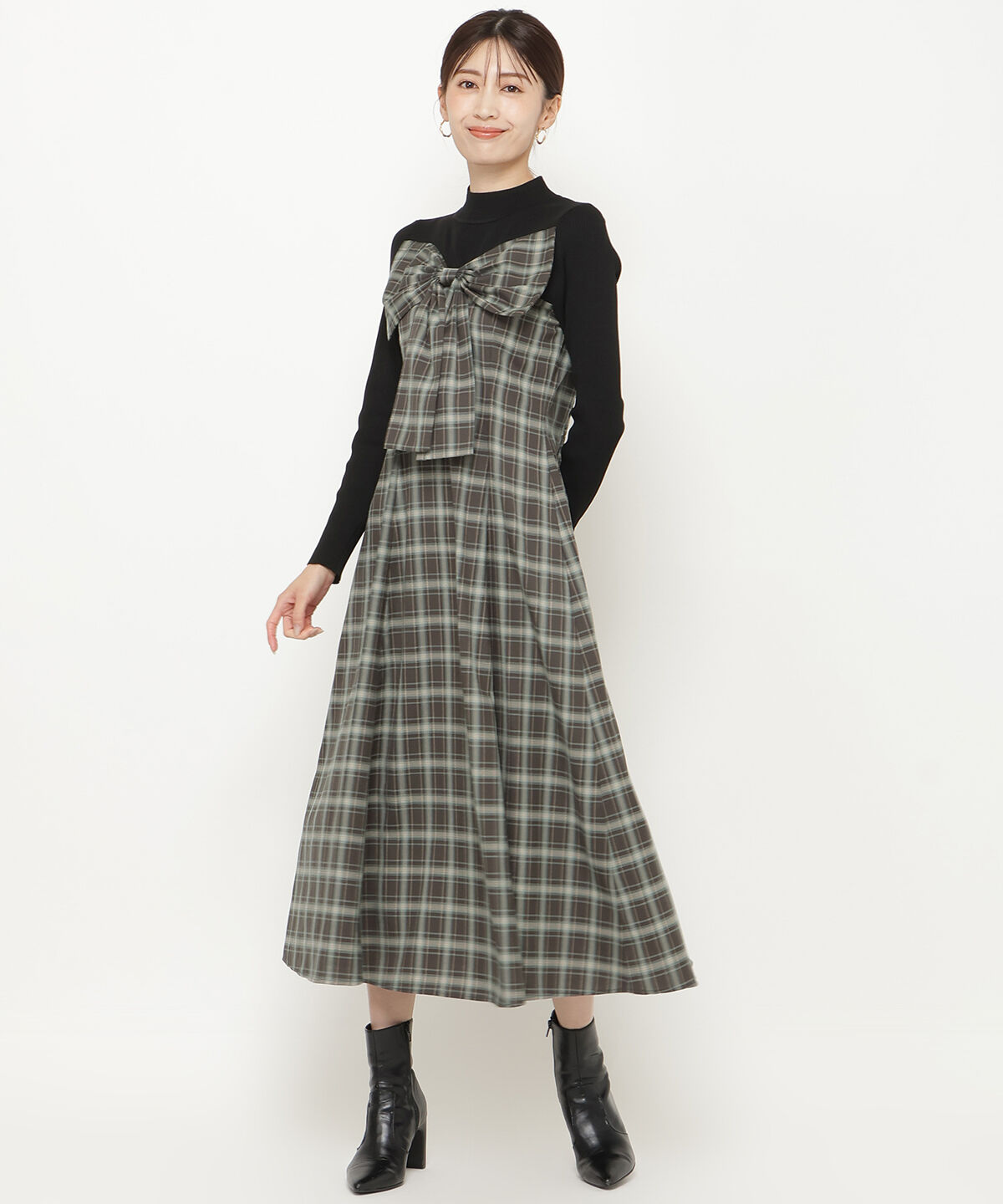 アンドクチュール「チェックリボン切替ワンピース」|ワンピース|