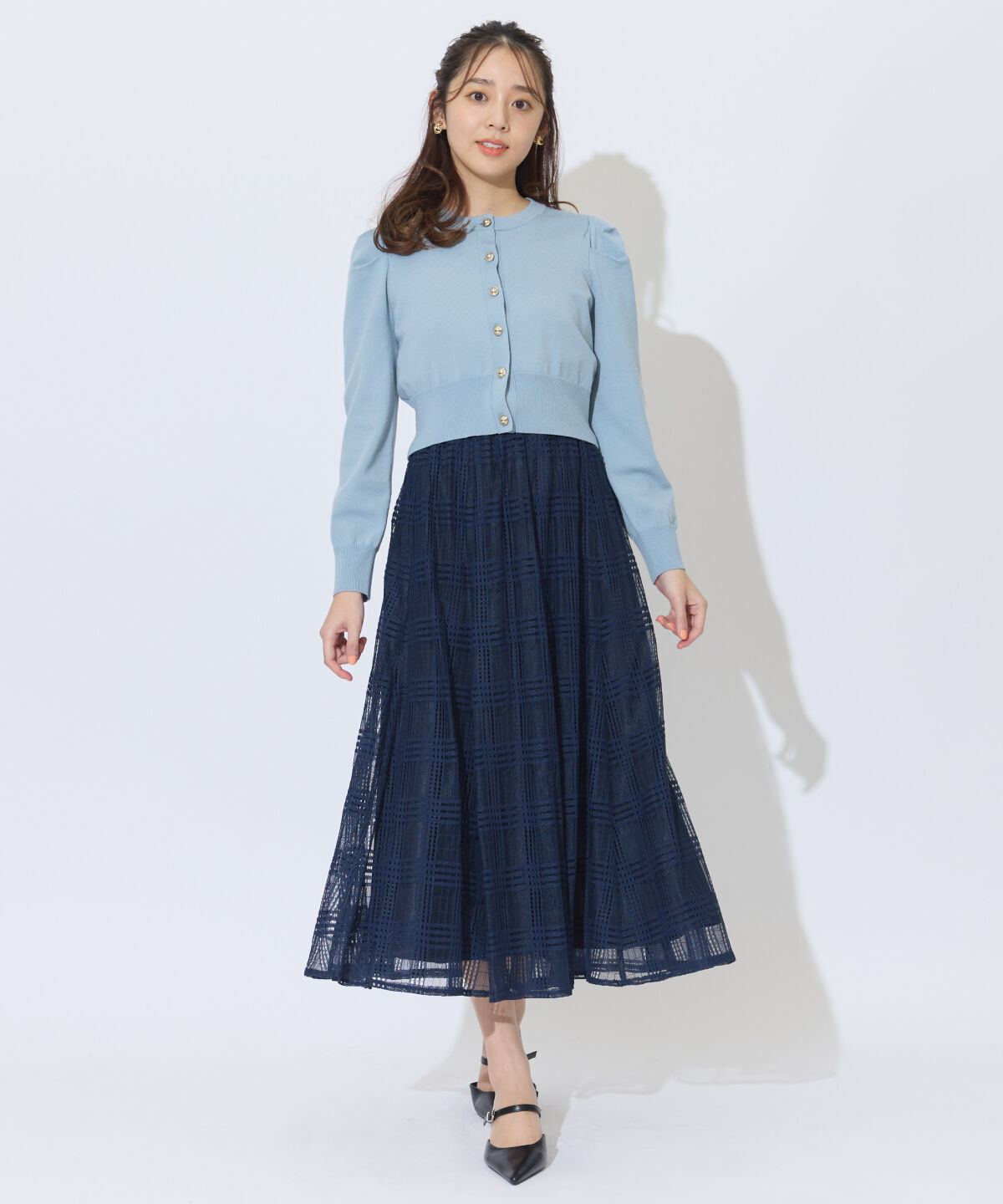 アンドクチュール「ウエストリブメッシュチェックロングスカート」|フレア|