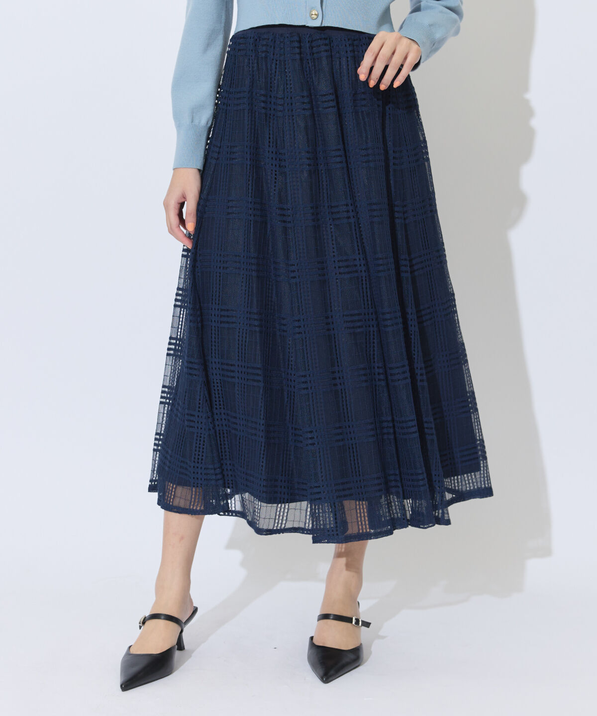 アンドクチュール「ウエストリブメッシュチェックロングスカート」|フレア|