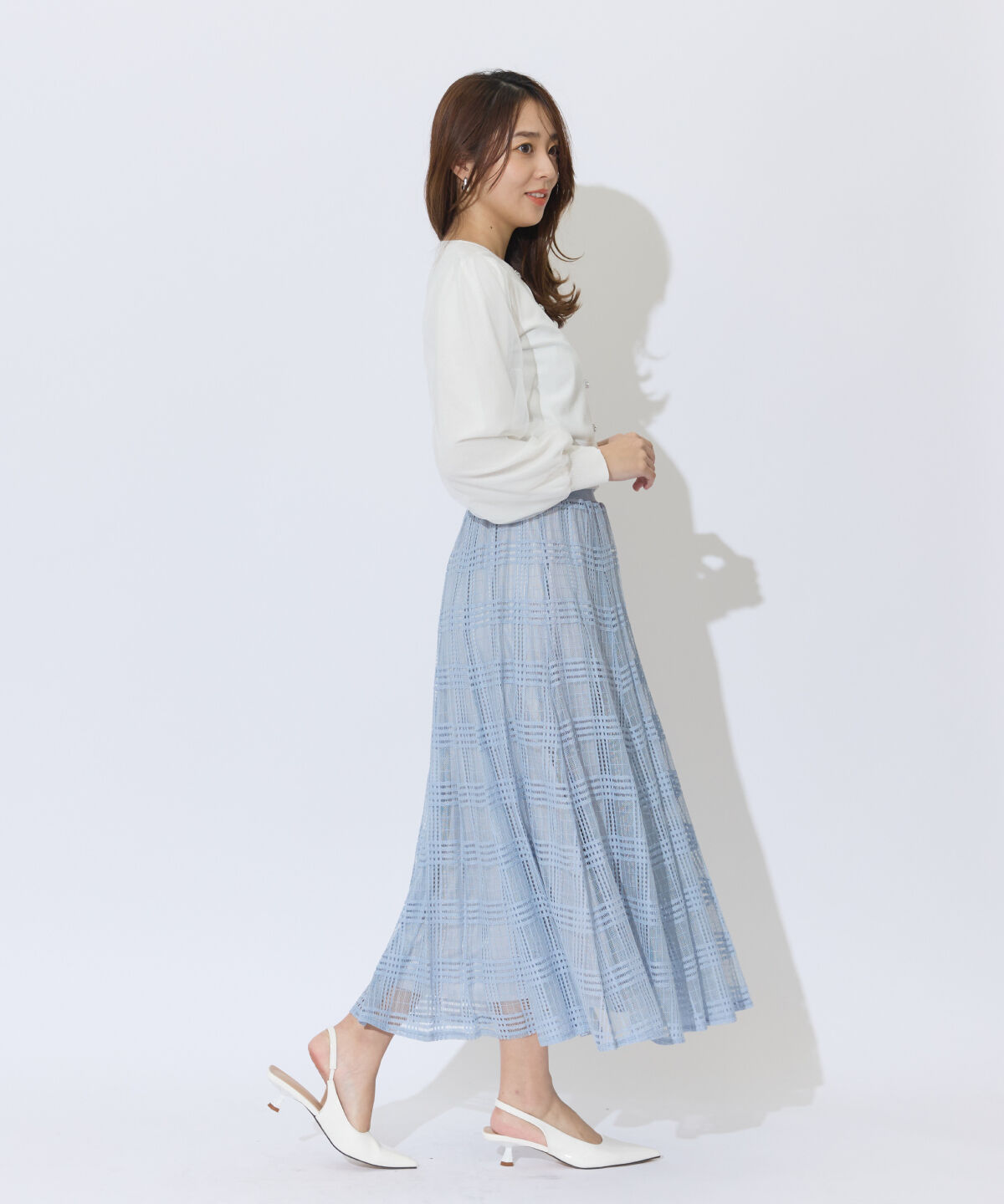 アンドクチュール「ウエストリブメッシュチェックロングスカート」|フレア|