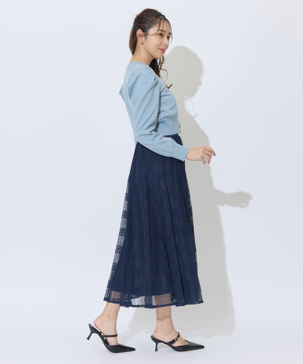 アンドクチュール「ウエストリブメッシュチェックロングスカート」|フレア|