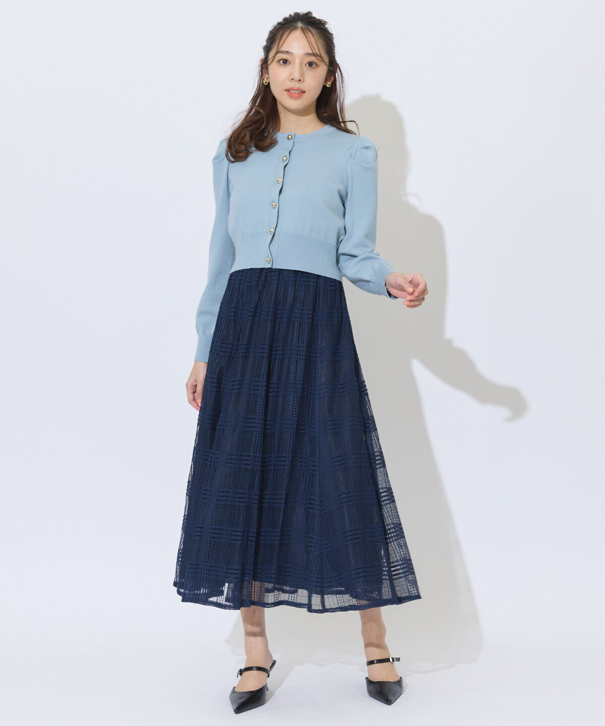 アンドクチュール「ウエストリブメッシュチェックロングスカート」|フレア|