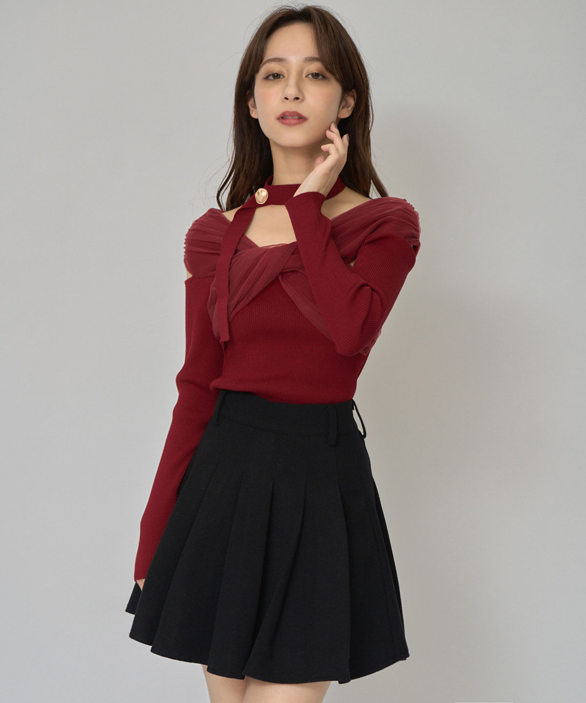 REDYAZEL「チョーカークロスチュールニットトップス」|ニット・セーター|