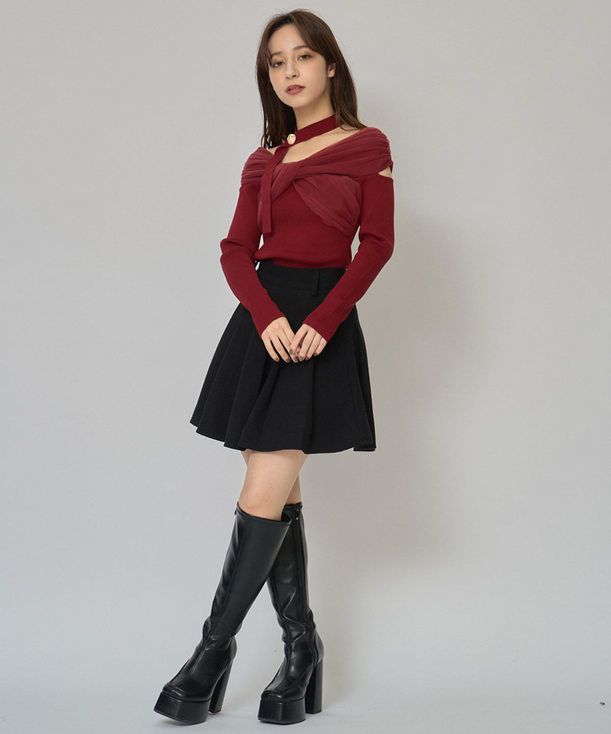 REDYAZEL「チョーカークロスチュールニットトップス」|ニット・セーター|