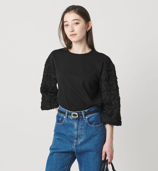 UNITED ARROWS「エンブロイダリーフラワー ショルダーコンビ カットソー」|Tシャツ・カットソー|