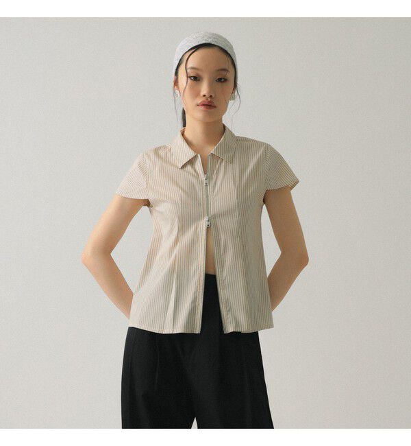 Ray BEAMS 「ストライプ ジップ シャツ ハーフスリーブ」|シャツ・ブラウス|BEIGE