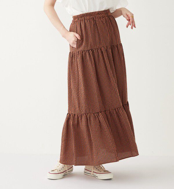 SHIPS Colors 「SHIPS Colors:〈手洗い可能〉ギンガムチェック ティアード スカート」|フレア|オレンジ