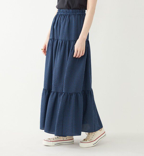 SHIPS Colors 「SHIPS Colors:〈手洗い可能〉ギンガムチェック ティアード スカート」|フレア|ブルー