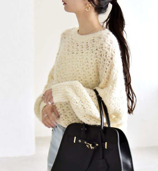 quaranciel「quaranciel:〈手洗い可能〉スパンコール レース編み クルーネック ドルマン ルーズ ニット」|ニット・セーター|