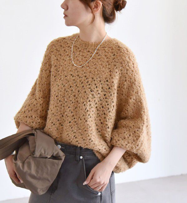 quaranciel「quaranciel:〈手洗い可能〉スパンコール レース編み クルーネック ドルマン ルーズ ニット」|ニット・セーター|キャメル