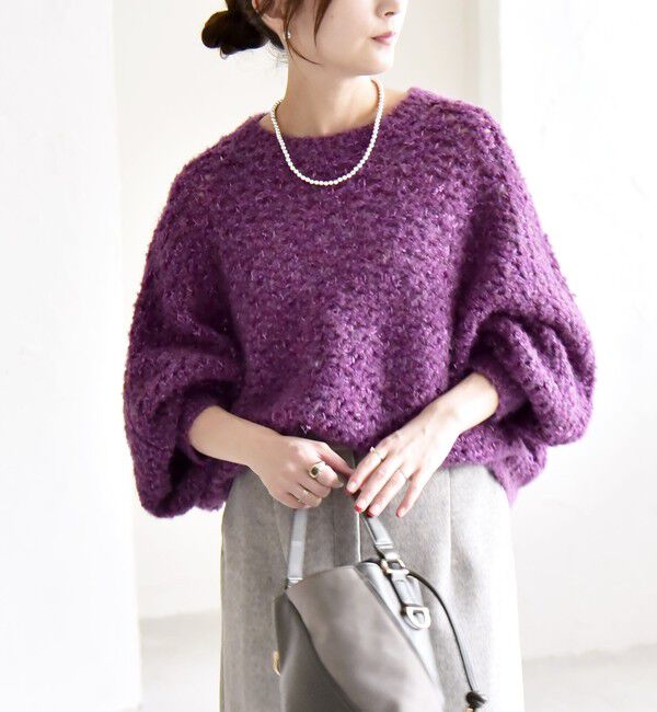 quaranciel「quaranciel:〈手洗い可能〉スパンコール レース編み クルーネック ドルマン ルーズ ニット」|ニット・セーター|パープル