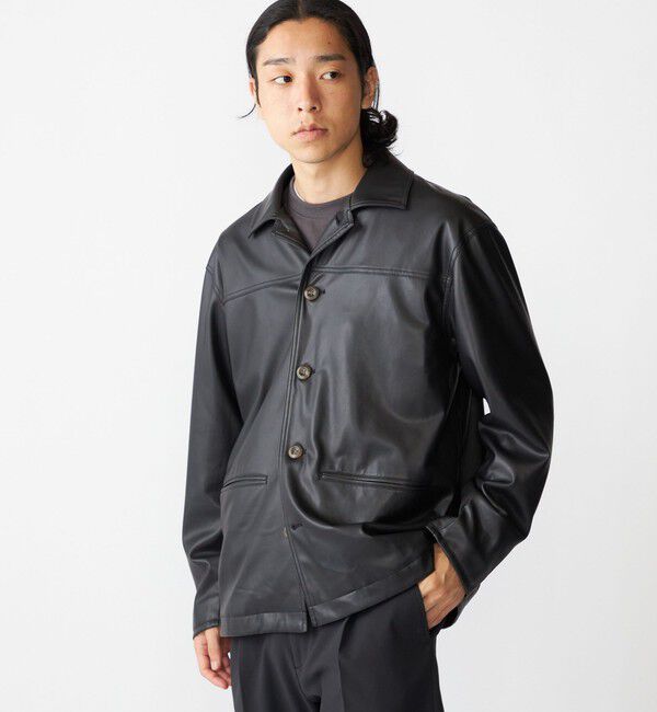 SHIPS「BENCH MARKING SHIRT: 合成皮革 カーコート」|ブルゾン・スタジャン|ブラック