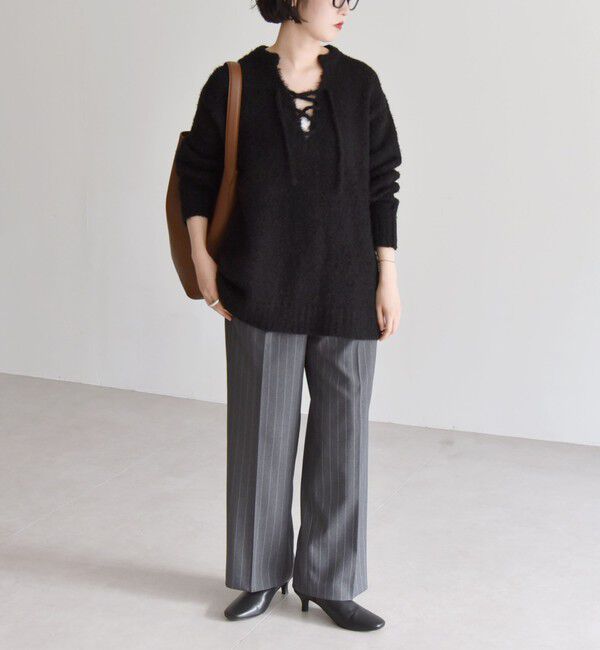 quaranciel「quaranciel:〈手洗い可能〉フェザーヤーン レースアップ ラメ スキッパー ニット」|ニット・セーター|