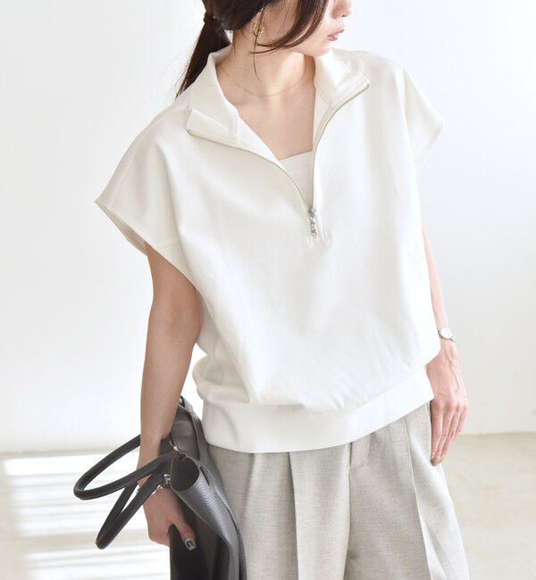 quaranciel「quaranciel:〈洗濯機可能〉ライト ポンチ ハーフジップ フレンチスリーブ TEE」|Tシャツ・カットソー|オフホワイト