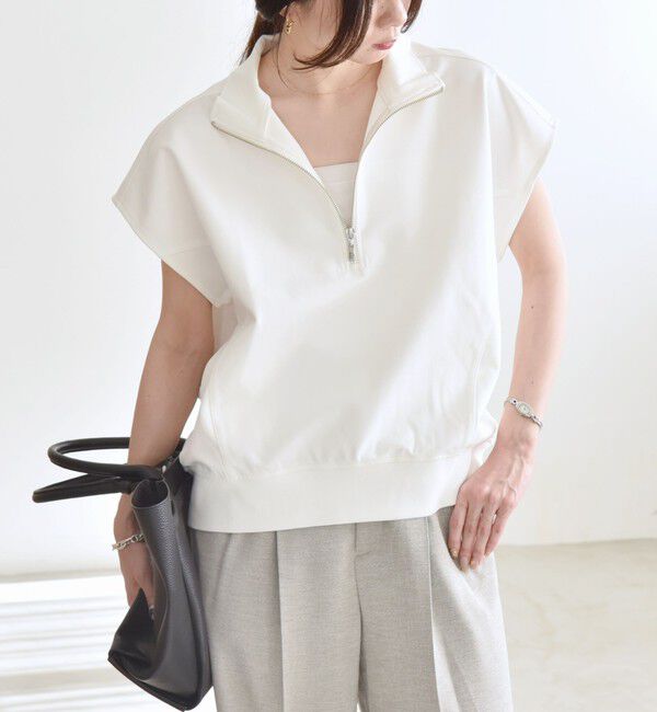 quaranciel「quaranciel:〈洗濯機可能〉ライト ポンチ ハーフジップ フレンチスリーブ TEE」|Tシャツ・カットソー|