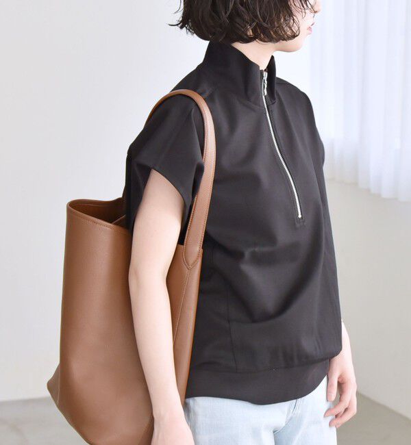 quaranciel「quaranciel:〈洗濯機可能〉ライト ポンチ ハーフジップ フレンチスリーブ TEE」|Tシャツ・カットソー|