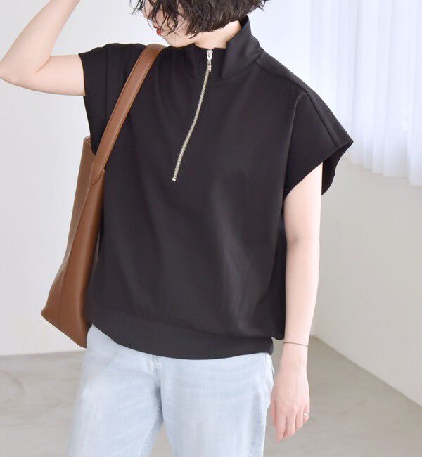 quaranciel「quaranciel:〈洗濯機可能〉ライト ポンチ ハーフジップ フレンチスリーブ TEE」|Tシャツ・カットソー|