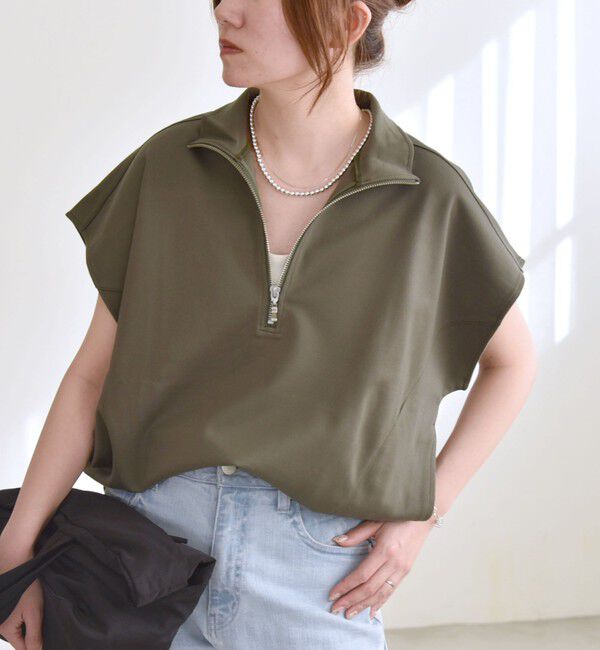 quaranciel「quaranciel:〈洗濯機可能〉ライト ポンチ ハーフジップ フレンチスリーブ TEE」|Tシャツ・カットソー|