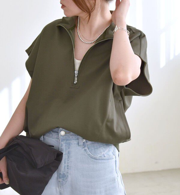 quaranciel「quaranciel:〈洗濯機可能〉ライト ポンチ ハーフジップ フレンチスリーブ TEE」|Tシャツ・カットソー|