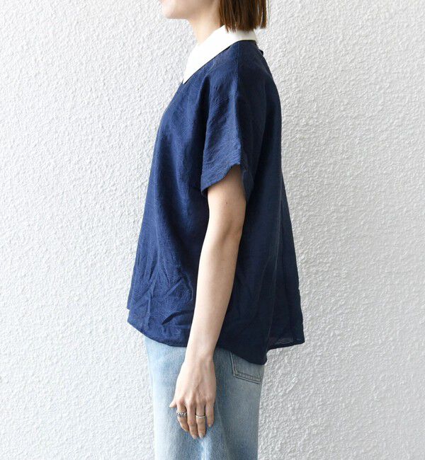 SHIPS any「SHIPS any:〈洗濯機可能〉フラワー ジャカード バイカラー プルオーバー シャツ」|シャツ・ブラウス|