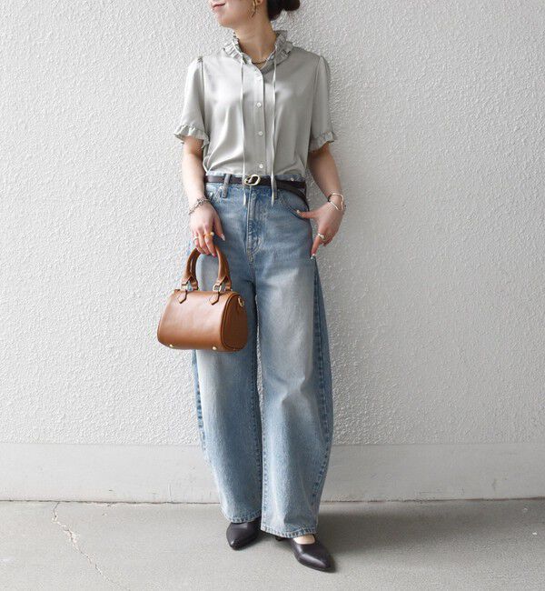 SHIPS any「《予約》SHIPS any:〈洗濯機可能〉サテン フリル カラー リボン ショートスリーブ シャツ ブラウス」|シャツ・ブラウス|