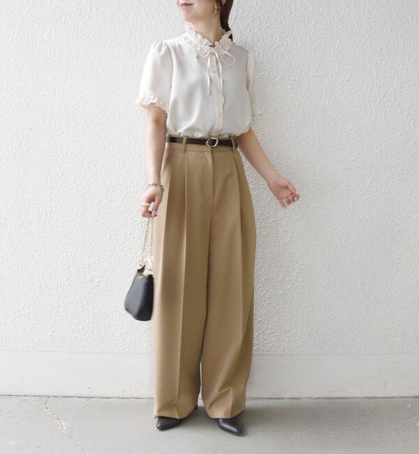 SHIPS any「《予約》SHIPS any:〈洗濯機可能〉サテン フリル カラー リボン ショートスリーブ シャツ ブラウス」|シャツ・ブラウス|