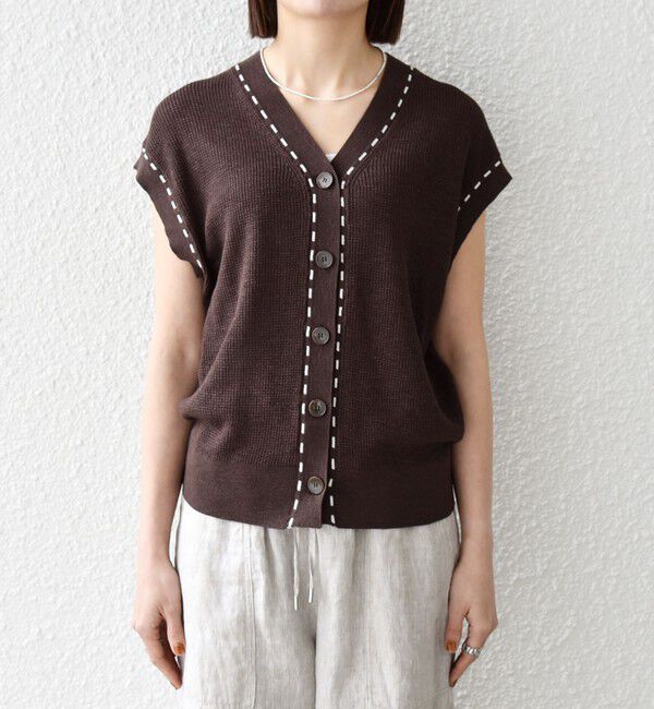 SHIPS any「SHIPS any:〈手洗い可能〉リネン レーヨン ステッチ 編み Vネック ベスト」|ベスト・ジレ|
