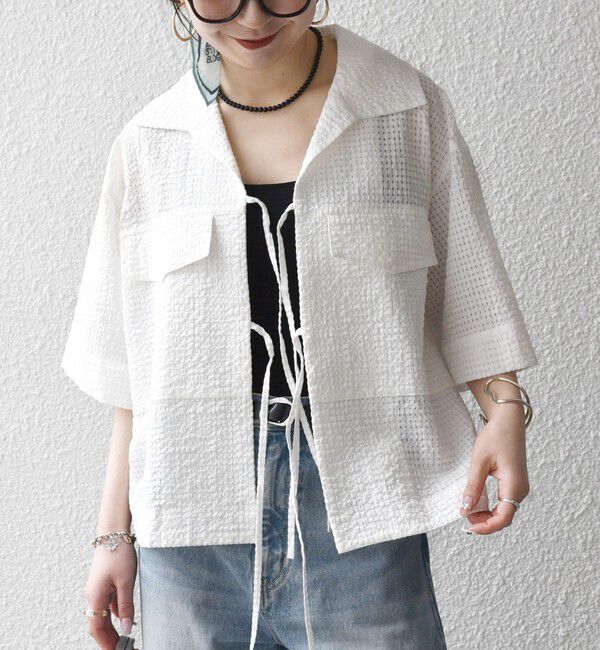 SHIPS any「《予約》SHIPS any:〈手洗い可能〉サッカー リボン 開襟シャツ 羽織り」|シャツ・ブラウス|