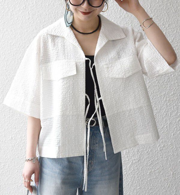 SHIPS any「《予約》SHIPS any:〈手洗い可能〉サッカー リボン 開襟シャツ 羽織り」|シャツ・ブラウス|