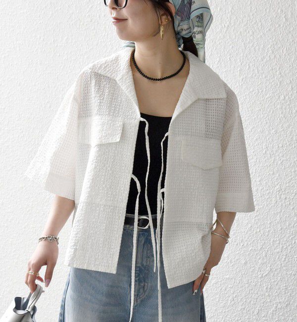 SHIPS any「《予約》SHIPS any:〈手洗い可能〉サッカー リボン 開襟シャツ 羽織り」|シャツ・ブラウス|