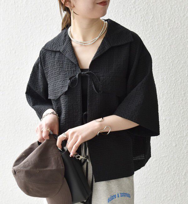 SHIPS any「《予約》SHIPS any:〈手洗い可能〉サッカー リボン 開襟シャツ 羽織り」|シャツ・ブラウス|ブラック