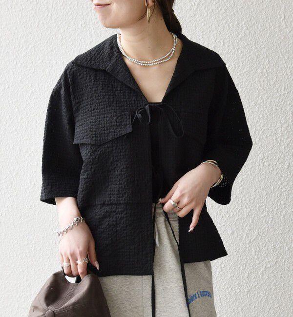 SHIPS any「《予約》SHIPS any:〈手洗い可能〉サッカー リボン 開襟シャツ 羽織り」|シャツ・ブラウス|