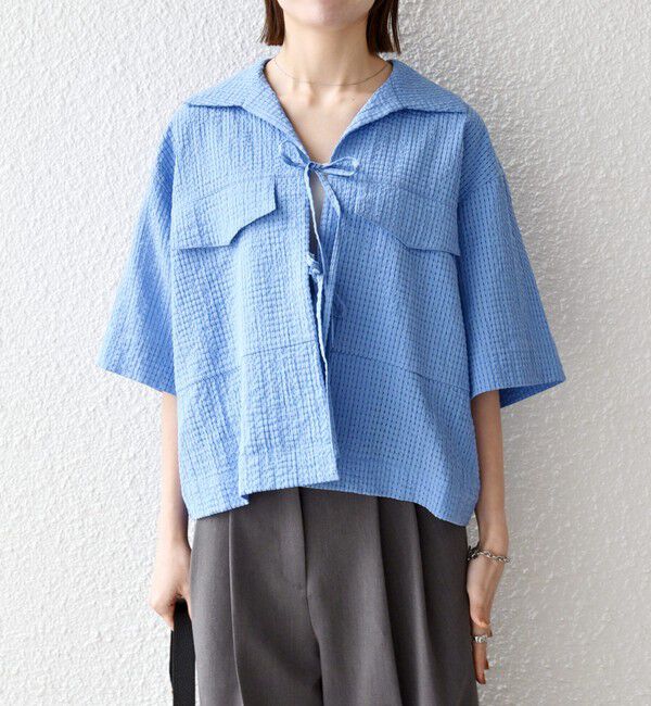 SHIPS any「《予約》SHIPS any:〈手洗い可能〉サッカー リボン 開襟シャツ 羽織り」|シャツ・ブラウス|