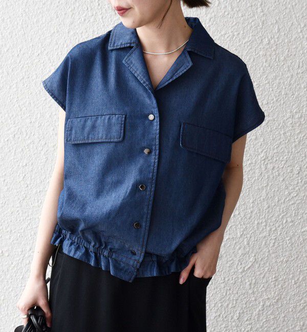 SHIPS any「《予約》SHIPS any:〈洗濯機可能〉シャンブレー デニム フレンチスリーブ ドロスト シャツ」|シャツ・ブラウス|