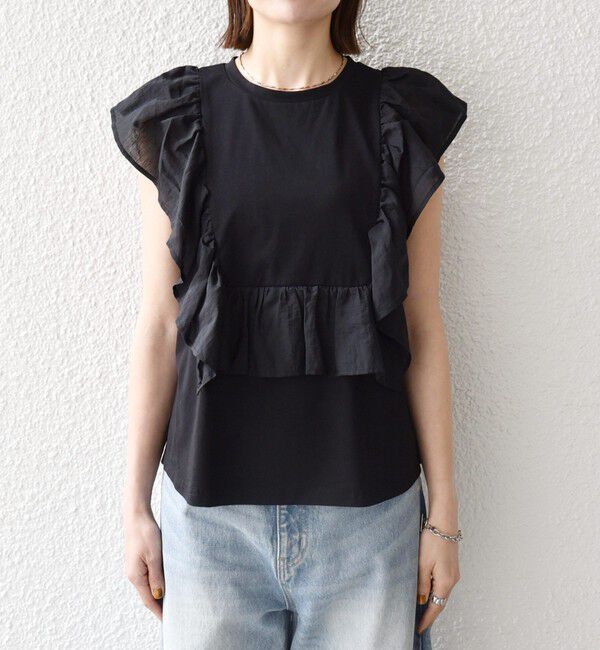 SHIPS any「《予約》SHIPS any:〈洗濯機可能〉フリル コンビ ノースリーブ TEE」|Tシャツ・カットソー|