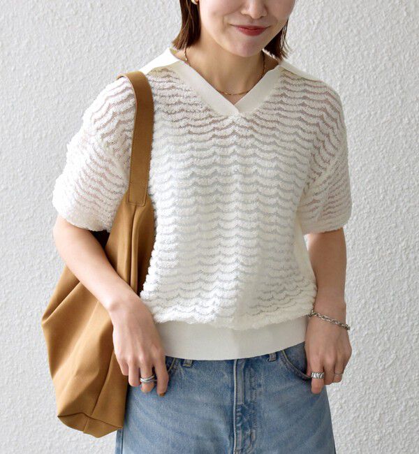 SHIPS any「《予約》SHIPS any:〈手洗い可能〉シアー ジャカード スキッパー ポロ ニット」|ニット・セーター|