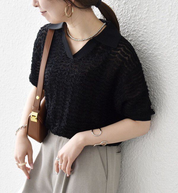 SHIPS any「《予約》SHIPS any:〈手洗い可能〉シアー ジャカード スキッパー ポロ ニット」|ニット・セーター|ブラック