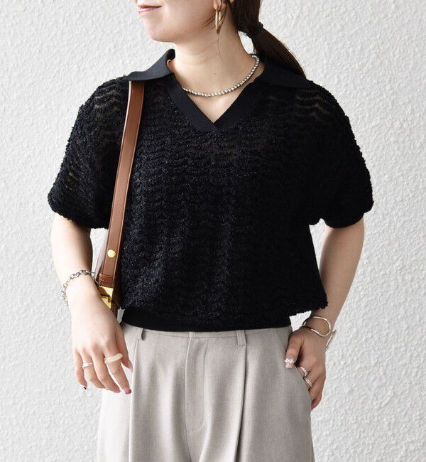 SHIPS any「《予約》SHIPS any:〈手洗い可能〉シアー ジャカード スキッパー ポロ ニット」|ニット・セーター|