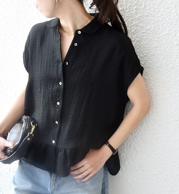 SHIPS any「《予約》SHIPS any:〈洗濯機可能〉カラミ フレンチ スリーブ ペプラム シャツ ブラウス」|シャツ・ブラウス|ブラック