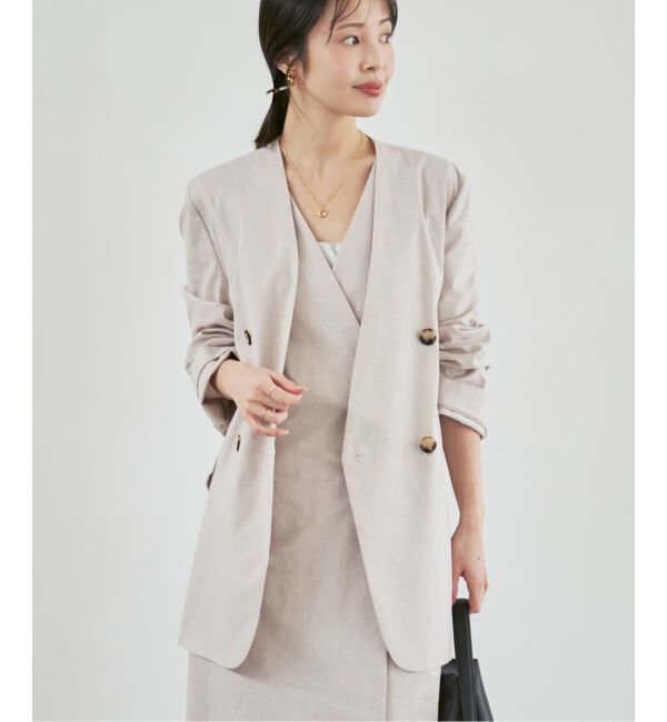 NOBLE「《セットアップ対応》麻ストレッチVカラージャケット」|ノーカラージャケット|