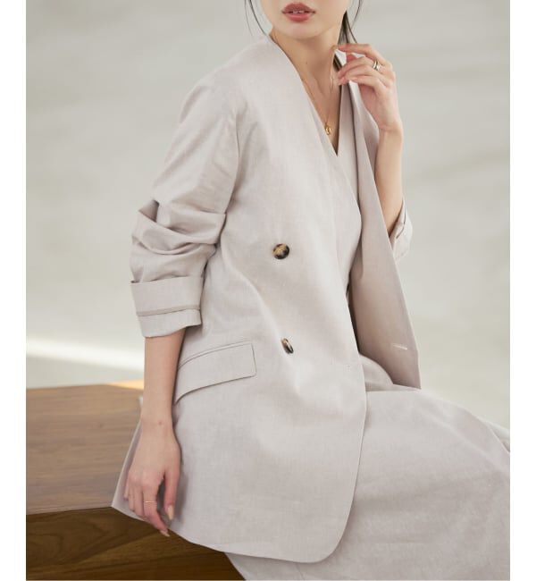 NOBLE「《セットアップ対応》麻ストレッチVカラージャケット」|ノーカラージャケット|ベージュ A